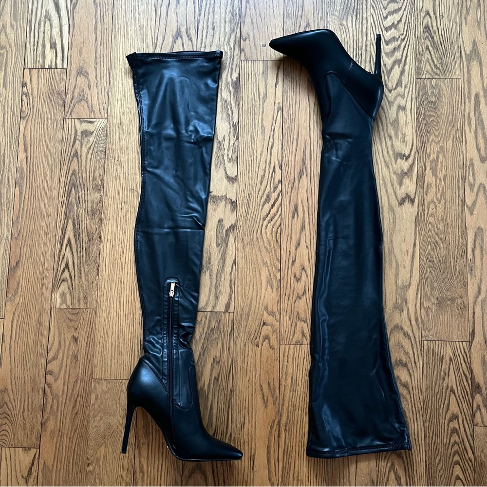 Azalea Wang Mindful-Trim Black Thigh High Stiletto Boots, Size 12 NWB